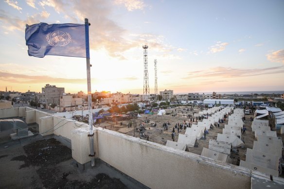 A United Nations flag at a camp for displaced Palestinians in western Khan Younis, Gaza.