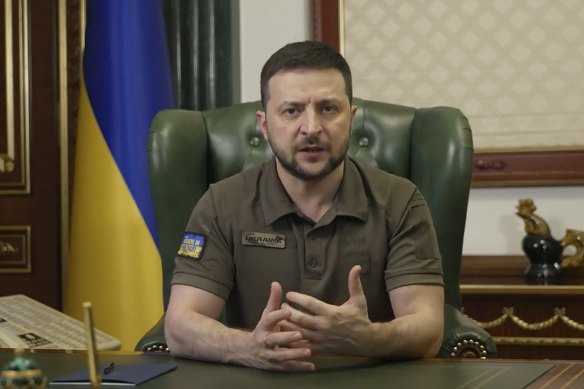 Volodymyr Zelensky gives a video address. He has been blocked from giving one to this weekend’s Eurovision final.