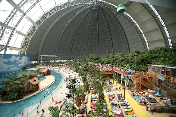 The former airship hangar at the old Brand-Briesen Airfield is the centre of Tropical Islands, a giant indoor resort.