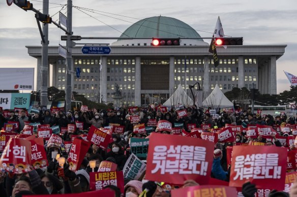A protest against Yoon Suk Yeol in Seoul on Saturday. Most South Koreans support the president’s impeachment.