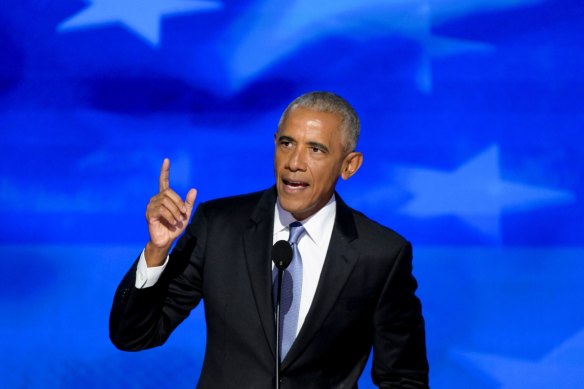 Former US President Barack Obama on stage during the Democratic National Convention.