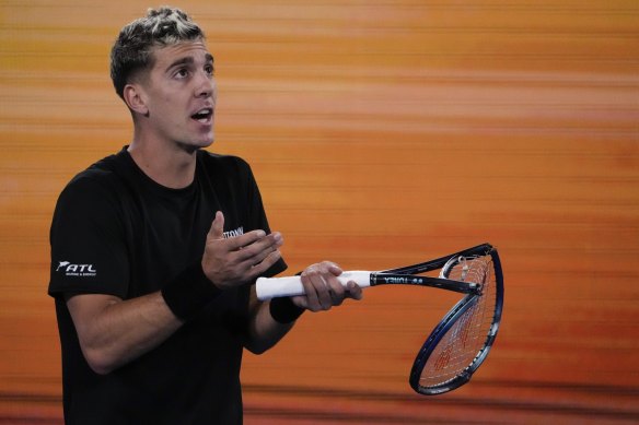 Thanasi Kokkinakis of Australia fumes to the umpire during his second round match against Andy Murray.