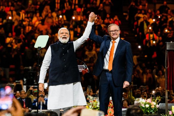Indian Prime Minister Narendra Modi on stage with Anthony Albanese in Sydney in May. Mr Albanese will be in India this coming week.