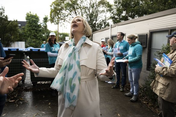 The independent candidate for Warringah, Zali Steggall, greets voters in Balgowlah on Saturday. 