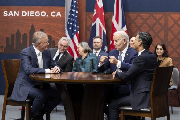 Prime Minister Anthony Albanese, US President Joe Biden and UK Prime Minister Rishi Sunak at an AUKUS announcement in March 2023.
