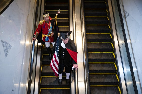 Attendees dressed as former US president George Washington and “MAGA” King during the Conservative Political Action Conference (CPAC) in National Harbor, Maryland, earlier this year.