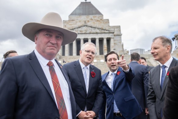 Deputy Prime Minister Barnaby Joyce, Prime Minister Scott Morrison and Victorian Opposition Leader Matthew Guy earlier this morning. 