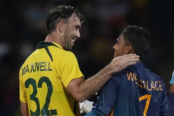 Glenn Maxwell (left) shares a light moment with Sri Lanka’s Dunith Wellalage in June.
