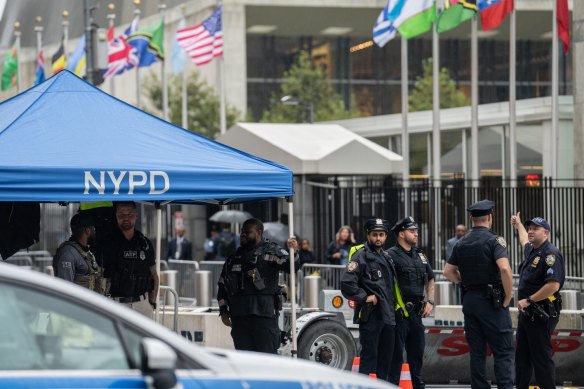 Security is beefed up outside UN headquarters in New York, US, on Monday.