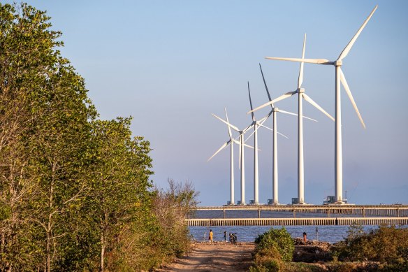 Offshore wind turbines in Vietnam. Larger turbines can be twice as tall as the Sydney Harbour Bridge.