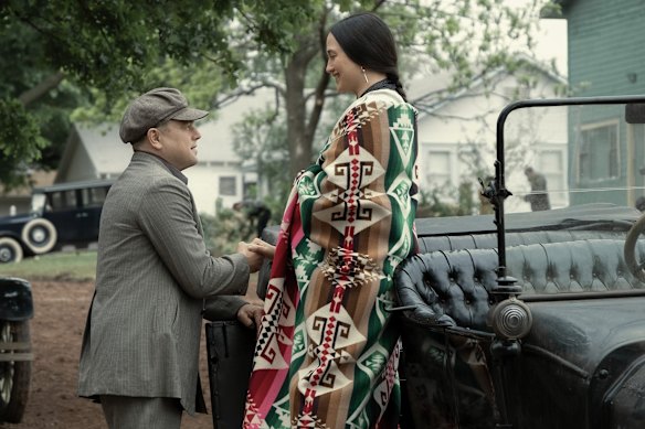 Leonardo DiCaprio and Lily Gladstone in Killers of the Flower Moon.