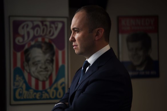 Matt Kean, soon after he became Minister for Innovation and Better Regulation in 2017. Portraits of Bobby and John F. Kennedy as well as Martin Luther King Jr. still adorn his parliamentary office.
