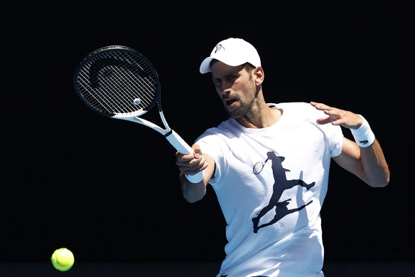 Novak Djokovic practices at Melbourne Park on Thursday, ahead of the Australian Open.