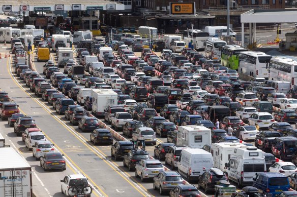 Long queues of travellers at French border control before boarding ferries from the Port of Dover. 