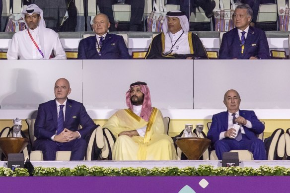 Gianni Infantino (left) with Saudi crown prince Mohammed bin Salman at Saudi Arabia’s group-stage upset of Argentina at the 2022 World Cup in Qatar.