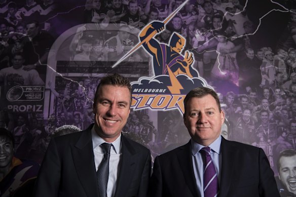 Melbourne Storm chairman Matthew Tripp (left) and fellow owner Bart Campbell. 