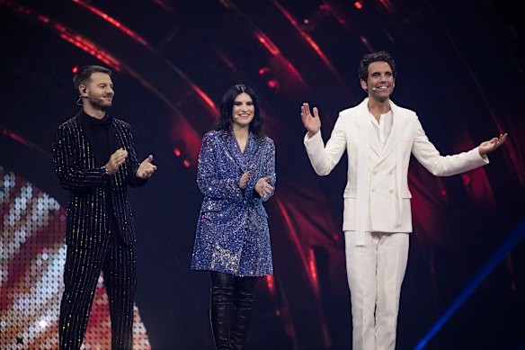 Eurovision hosts Mika, Laura Pauosini and Alessandro Cattelan.