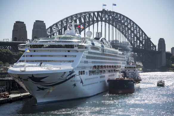 A cruise ship docked at Circular Quay in Sydney.