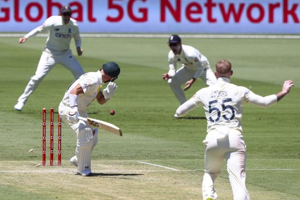 Australia’s David Warner is bowled off a no-ball by England’s Ben Stokes on the second day of the first Test.