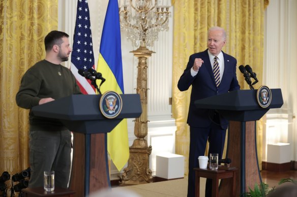 US President Joe Biden with Ukrainian President Volodymyr Zelensky at the White House in December, when the US announced extra help for Ukraine including a Patriot missile battery.