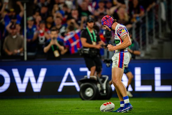 Ponga celebrates his grand final try for Newcastle.