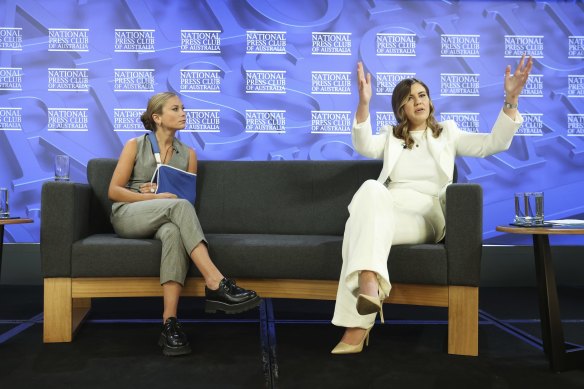 Grace Tame and Brittany Higgins during their address to the National Press Club of Australia in Canberra on February 9, 2022.