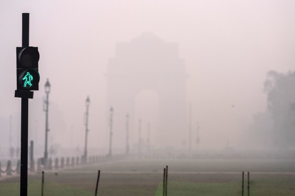 The India Gate monument, barely visible through smog. Delhi has some of the world’s worst air quality.
