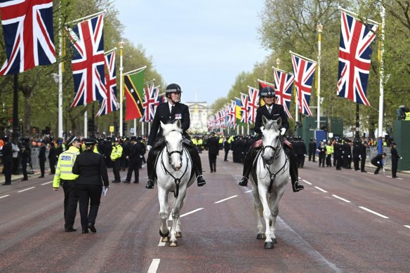 Mounted police officers are seen on The Mall ahead of Charles’ coronation.