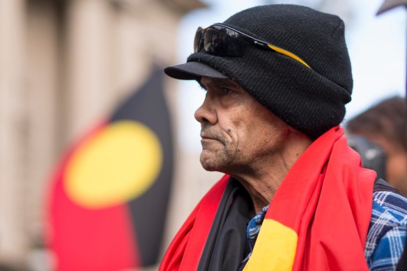 Aboriginal activist Robbie Thorpe, Lidia Thorpe's uncle, leads a rally on the steps of Victoria's Parliament in 2017.