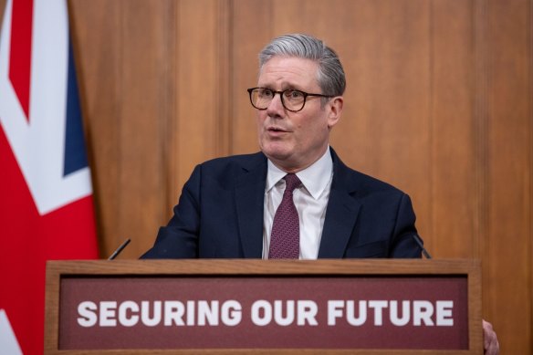 Keir Starmer speaks during a news conference following his virtual meeting with international leaders on support for Ukraine.