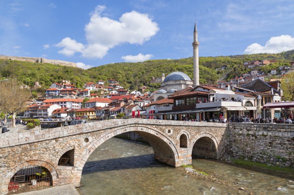 Old stone bridge and mosque in Prizren, Kosovo.