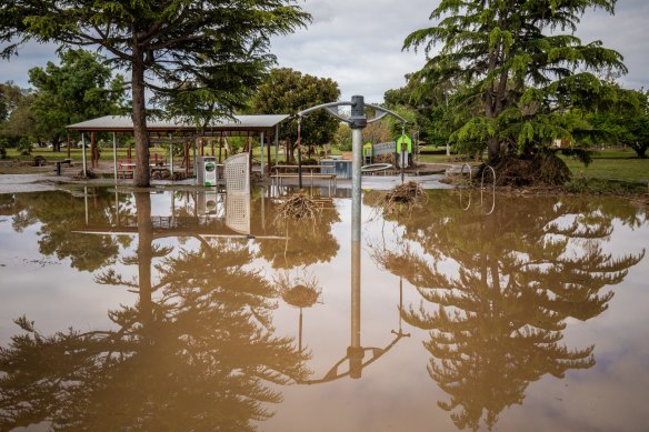 Damage to a playground on Chifley Drive on Saturday after the Maribyrnong River flooded.