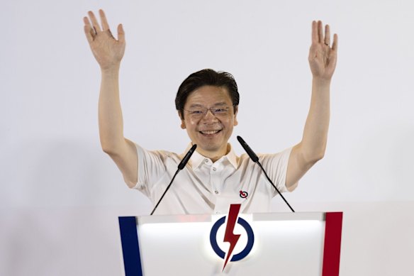 Lawrence Wong, Singapore’s prime minister, celebrates victory.