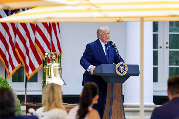 US President Donald Trump speaks during a luncheon in the Rose Garden of the White House in Washington on Monday.