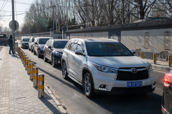 Vehicles wait to enter a parking lot outside Dongjiao Funeral Parlour, reportedly designated to handle Covid fatalities, in Beijing, China, last week.