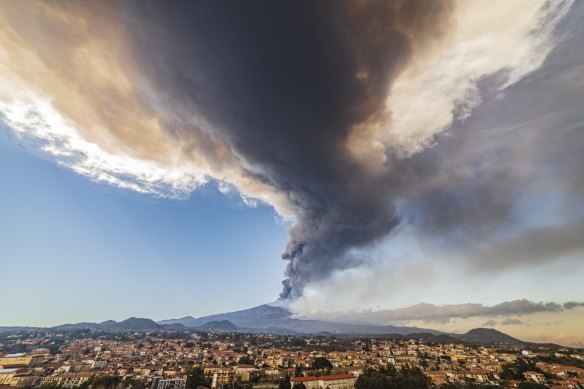 Volcanic ashes ascend from the south-eastern crater of Mount Etna in February this year.