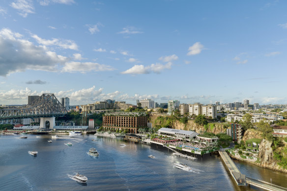 A render of the proposed development at Howard Smith Wharves submitted to Brisbane City Council in September 2024. The proposed hotel is in the centre of the image, rising to the top of the cliffs.