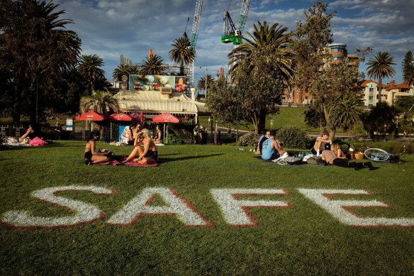 Socially distanced picnics were held in the St Kilda sunshine last October.