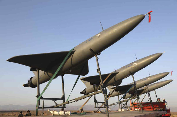 Iranian drones are prepared for launch during a military drone drill in Iran.