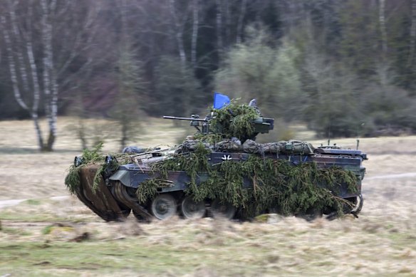 A German armoured fighting vehicle takes part in NATO exercises.