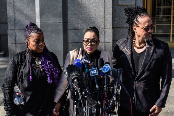 Kathryn Griffin-Townsend, daughter of Ed Townsend who co-wrote the song “Lets Get It On”, centre, speaks to members of the media at federal court in New York on Tuesday, April 25.
