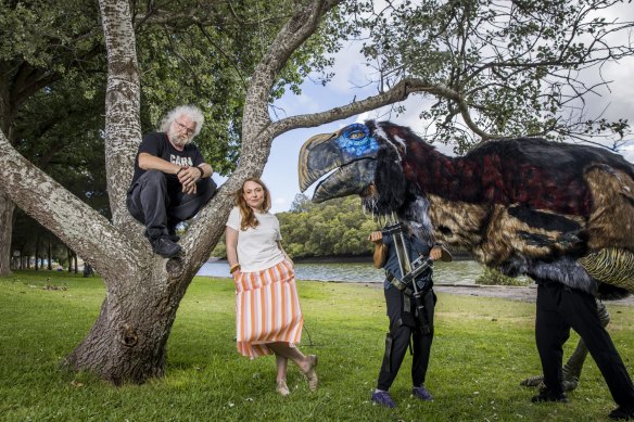 Sydney Festival director Olivia Ansell and erth artistic director Scott Wright with Thunderbird, a prehistoric megafauna puppet, at the festival’s launch in Marrickville.