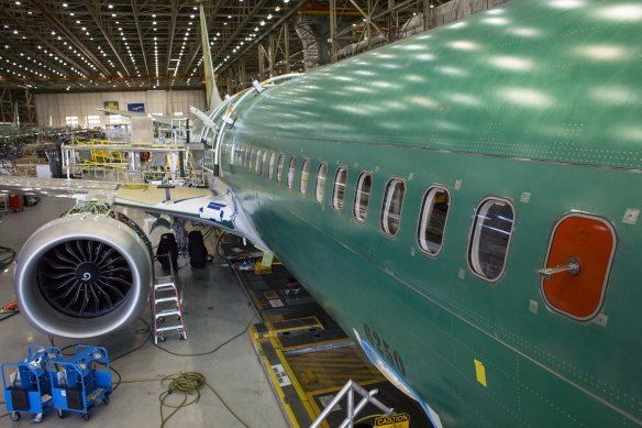 A Boeing 737 MAX 9 on the production floor at the company's manufacturing facility in Renton in the US.