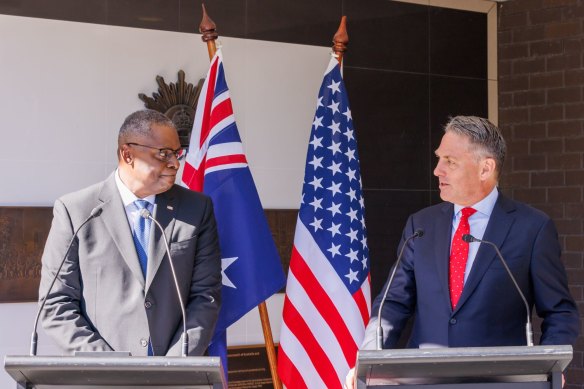 US Secretary of Defence Lloyd Austin and Australian Deputy Prime Minister Richard Marles in Brisbane on Friday.