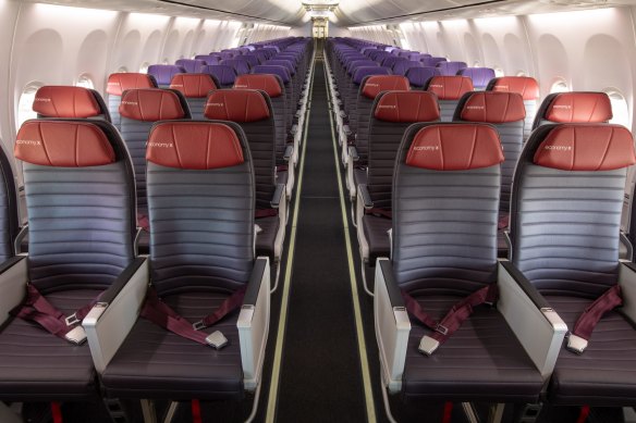 The economy class cabin on board Virgin’s Boeing 737.