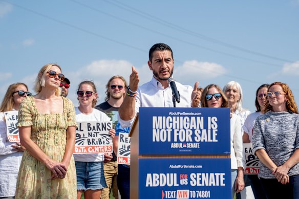 El-Sayed speaks at a rally opposing the construction of a data centre by Oracle and Open AI in Saline, Michigan.