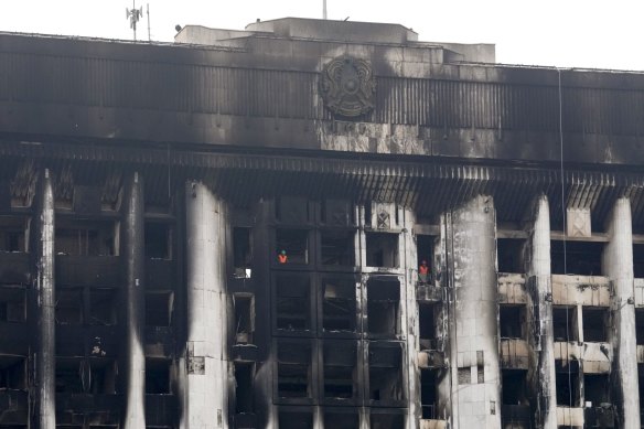 The burnt building of the city hall in Almaty, Kazakhstan, on January 13. President Kassym-Jomart Tokayev blamed the unrest on foreign-backed “terrorists” and requested assistance from the Collective Security Treaty Organisation, a Russia-led military alliance.