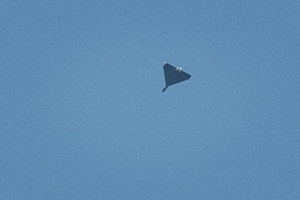 A Shahed drone flies during a Russian air strike on Kyiv last Sunday.