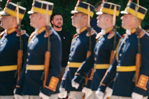 Zelensky is welcomed at the Cotroceni presidential palace in Bucharest, Romania, last month.