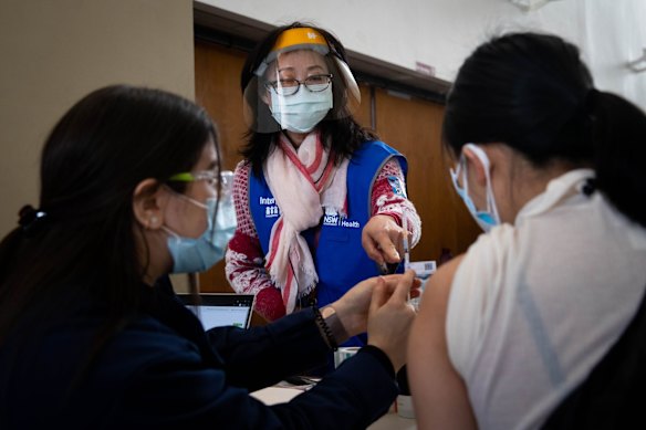 A vaccination clinic in the All Saints Grammar School Gymnasium, in Belmore.